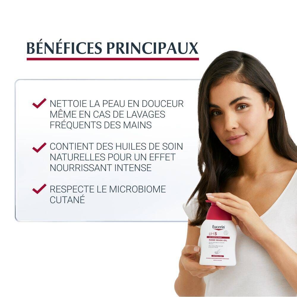 Femme tenant Eucerin pH5. Texte: Nettoie en douceur. Contient des huiles. Respecte le microbiome.