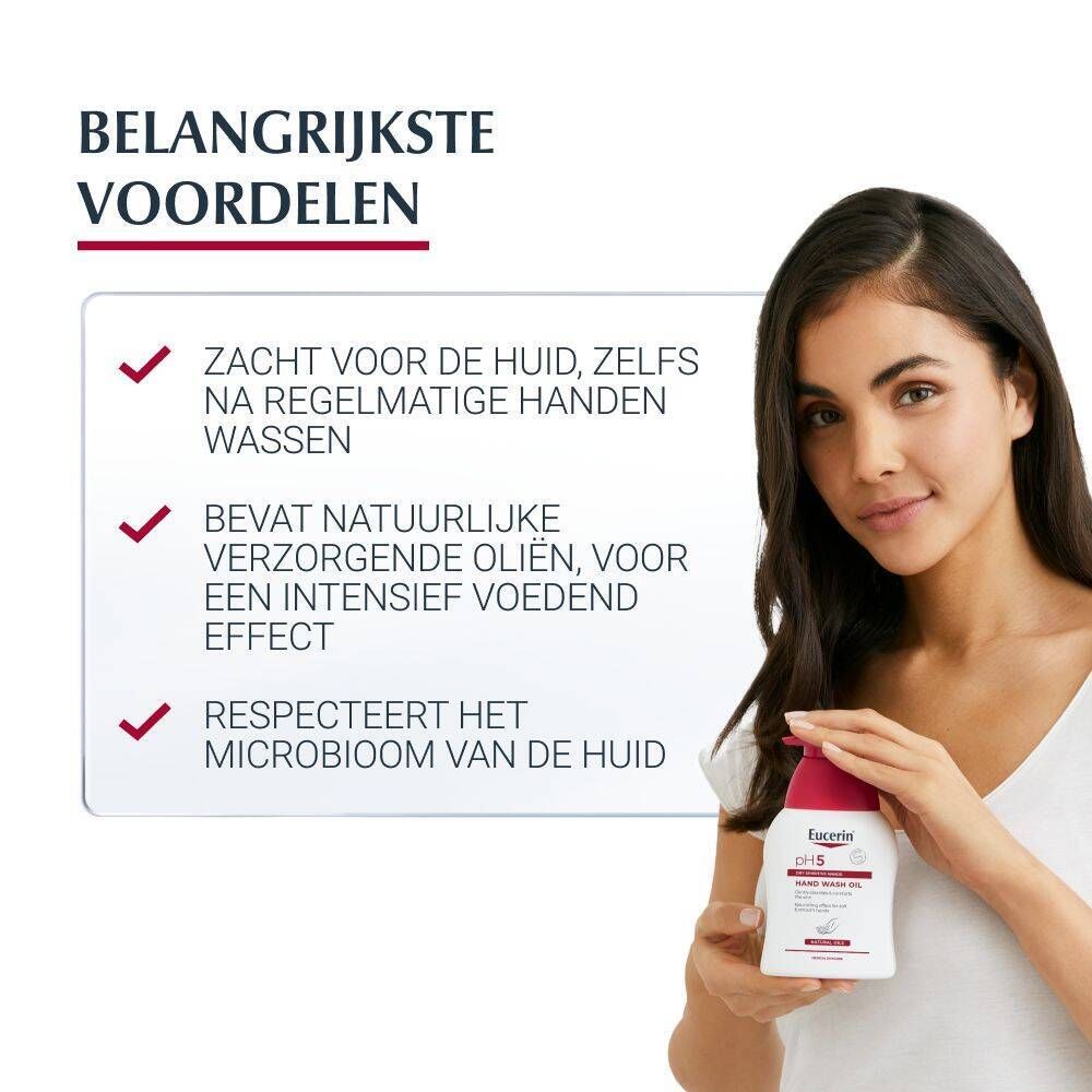 Vrouw houdt Eucerin pH5 Handreinigingsolie vast. Tekst: Reinigt zacht. Bevat verzorgende oliën. Respecteert microbioom.
