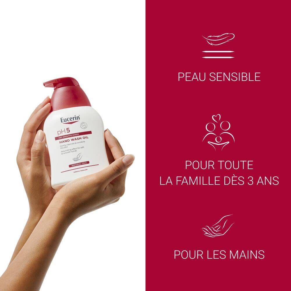 Mains tenant Eucerin pH5. Texte: Pour peau sensible, pour toute la famille dès 3 ans, pour les mains.