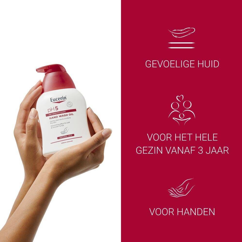 Handen houden Eucerin pH5 Handreinigingsolie vast. Tekst: Voor gevoelige huid, voor het hele gezin vanaf 3 jaar, voor handen.