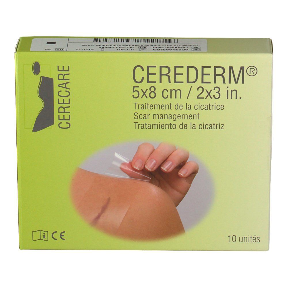 Boîte Cerederm, 5x8 cm, 10 unités. Gestion des cicatrices. Application sur bras.