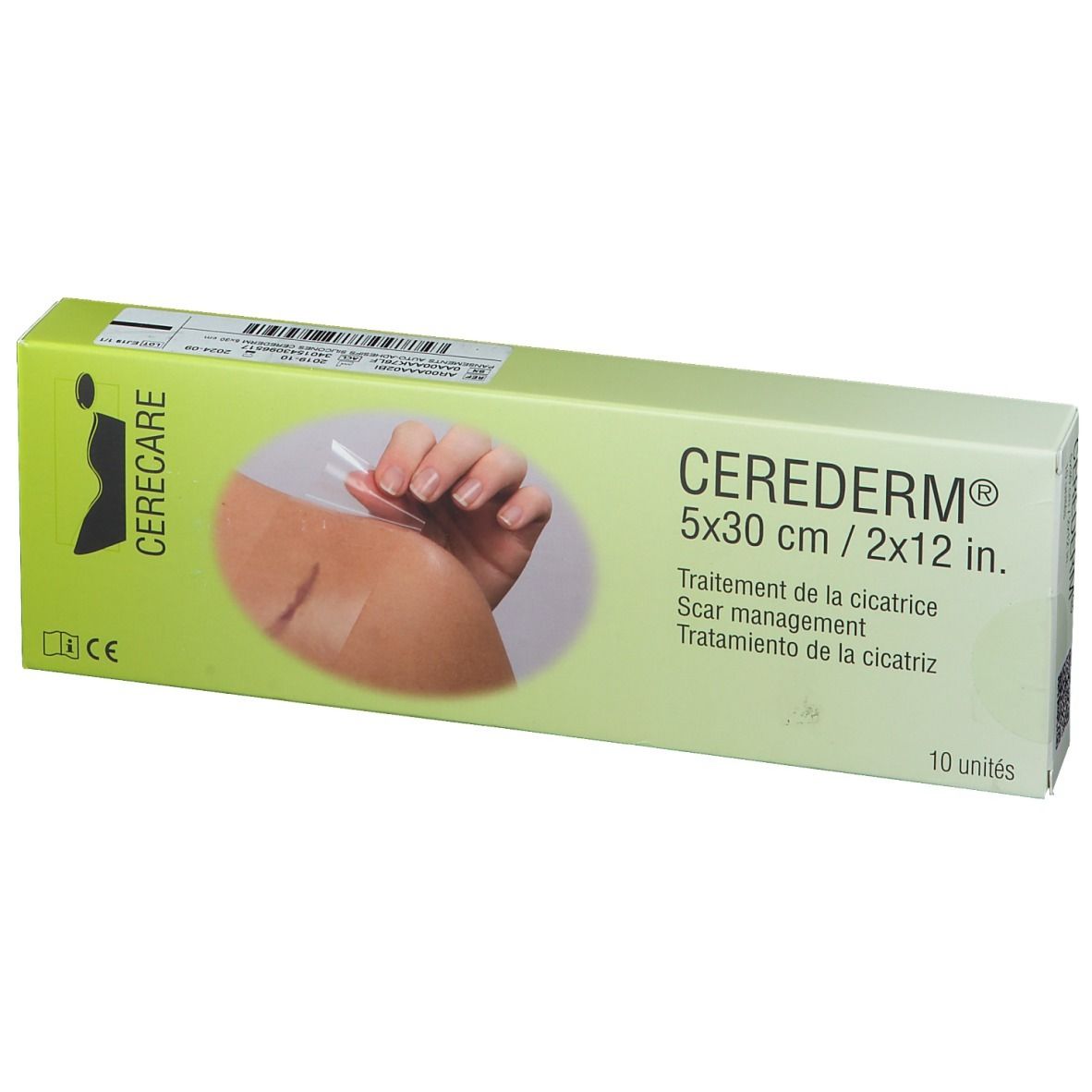 Cerederm-Schachtel, 5x30 cm. Narbenbehandlung. 10 Stück. Bild einer Hand auf einer Narbe.