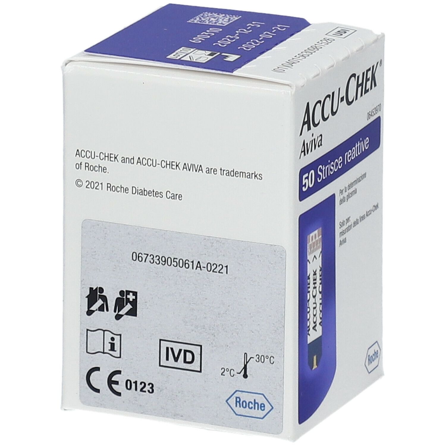 Verpackung von ACCU-CHEK Aviva Teststreifen. Enthält 50 reaktive Streifen. Mit CE-Kennzeichnung und Temperaturangaben.