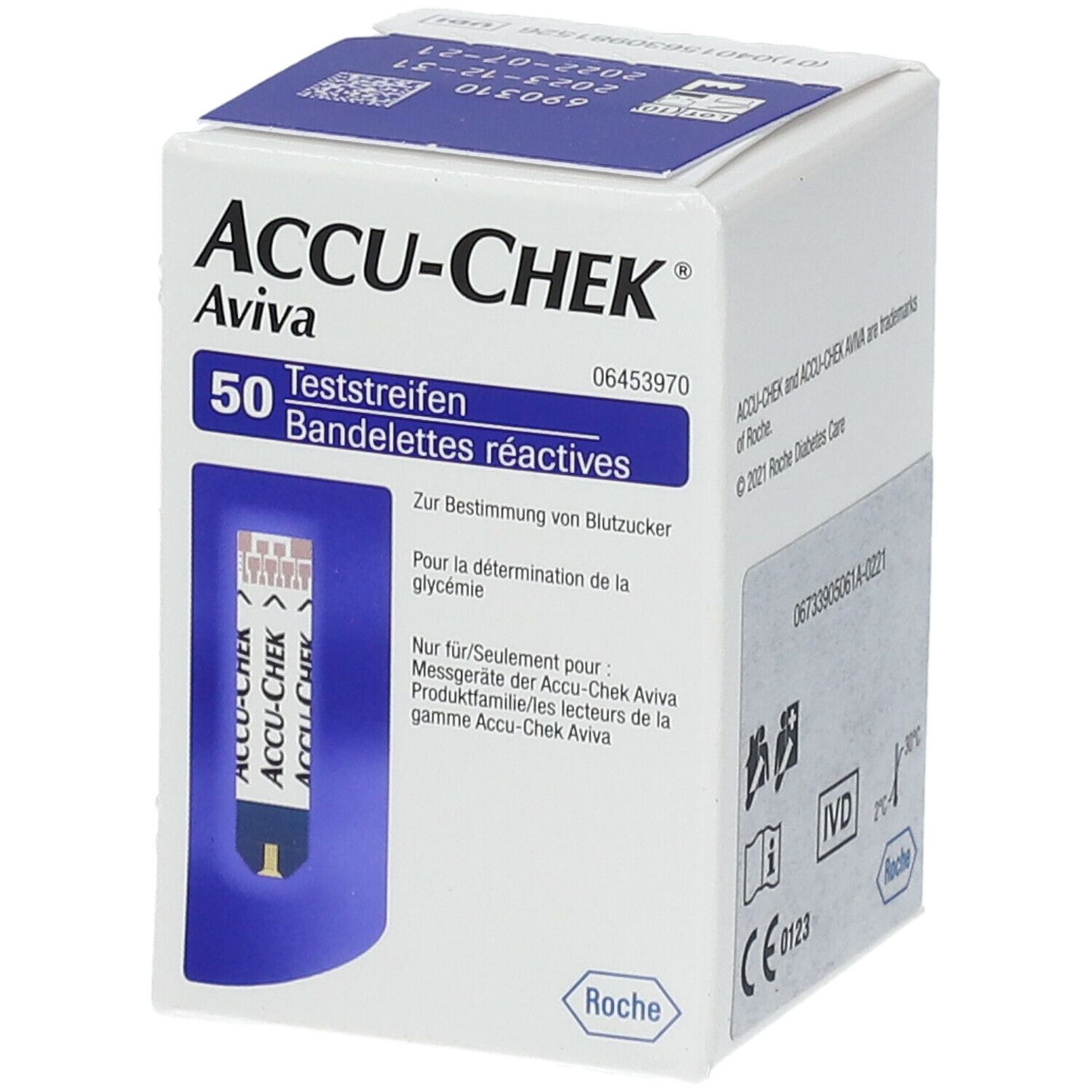 Verpackung von ACCU-CHEK Aviva Teststreifen. Enthält 50 Teststreifen. Mit Produktinformationen und Roche Logo.