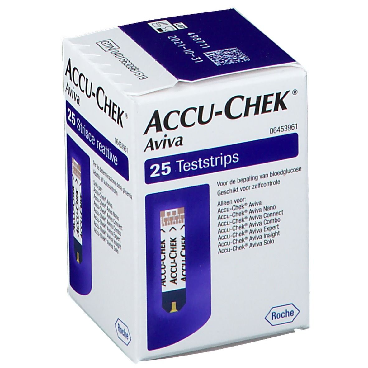 Verpackung von ACCU-CHEK Aviva Teststreifen. 25 Teststreifen. Aufdrucke: Marke, Produktname, Chargennummer, Verfallsdatum.