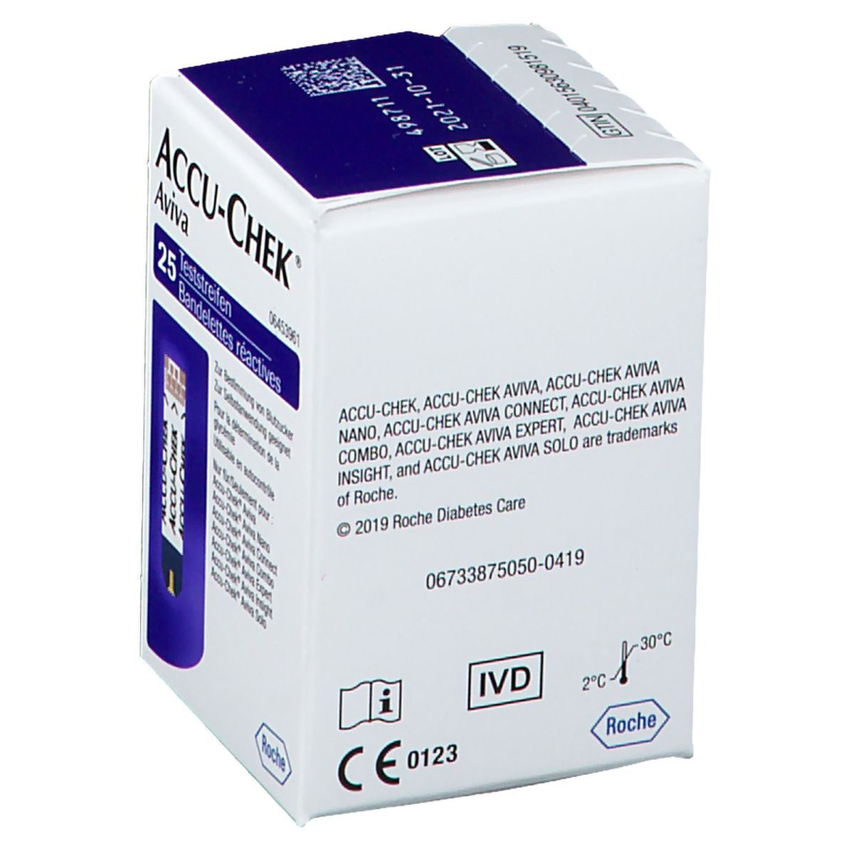 Verpackung von ACCU-CHEK Aviva Teststreifen. Rückseite mit Informationen. Aufdrucke: Marke, Chargennummer, Verfallsdatum, Hersteller.