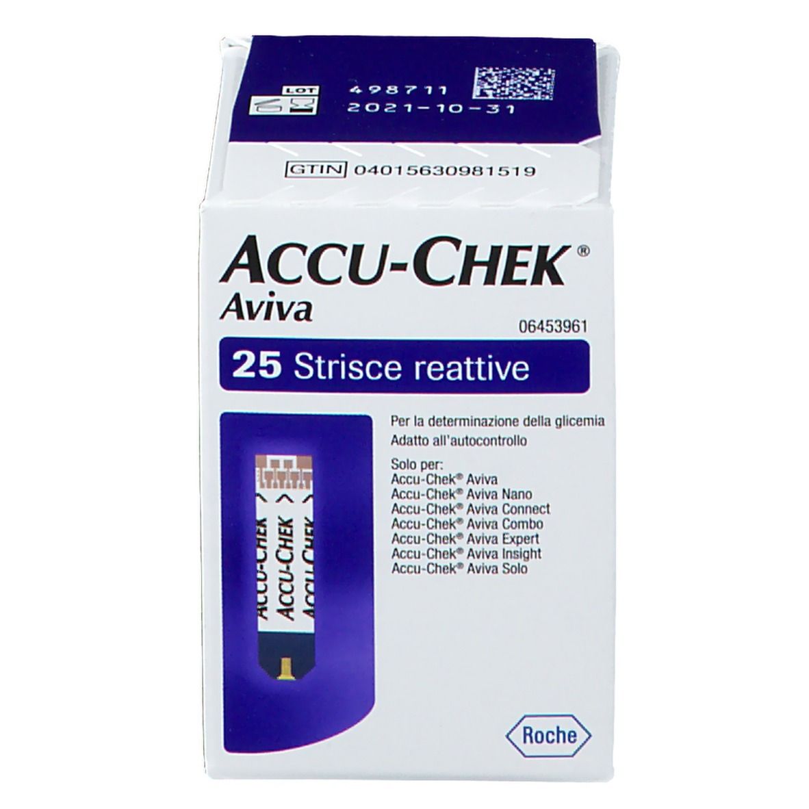 Verpackung von ACCU-CHEK Aviva Teststreifen. 25 Teststreifen. Aufdrucke: Marke, Produktname, Chargennummer, Verfallsdatum.