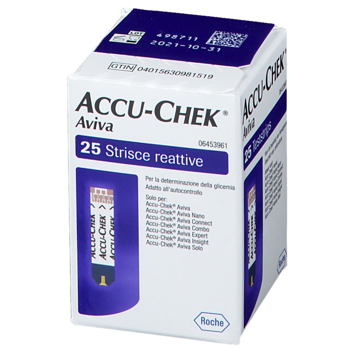 Verpackung von ACCU-CHEK Aviva Teststreifen. 25 Teststreifen. Aufdrucke: Marke, Produktname, Chargennummer, Verfallsdatum.