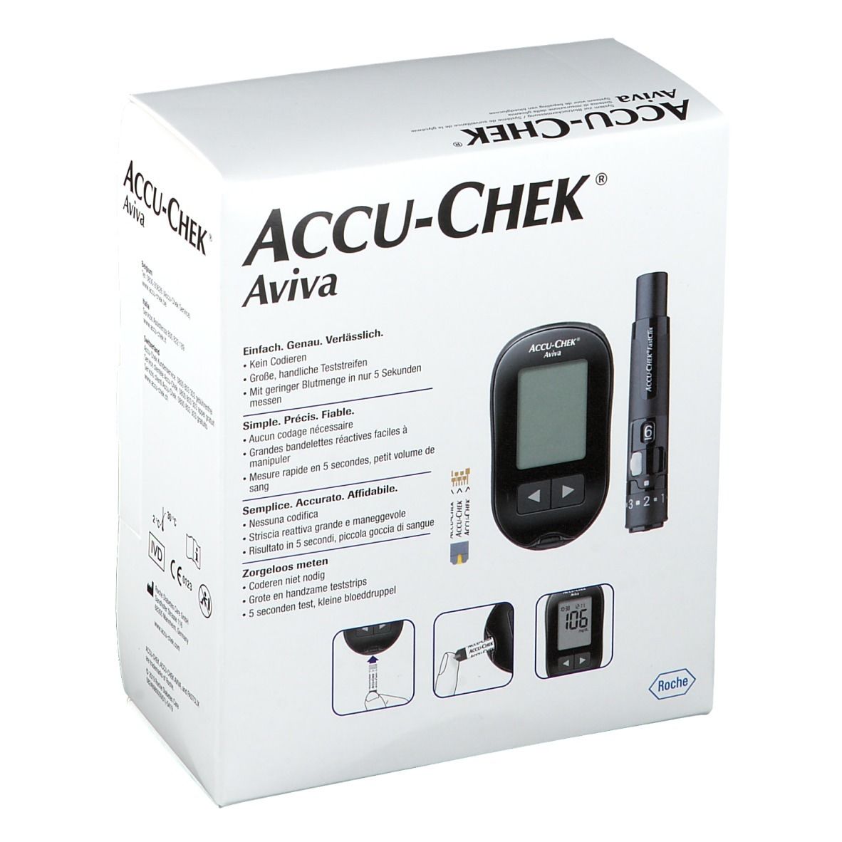 Boîte Accu-Chek Aviva. Contient lecteur, autopiqueur et bandelettes. Texte: Simple. Précis. Fiable.