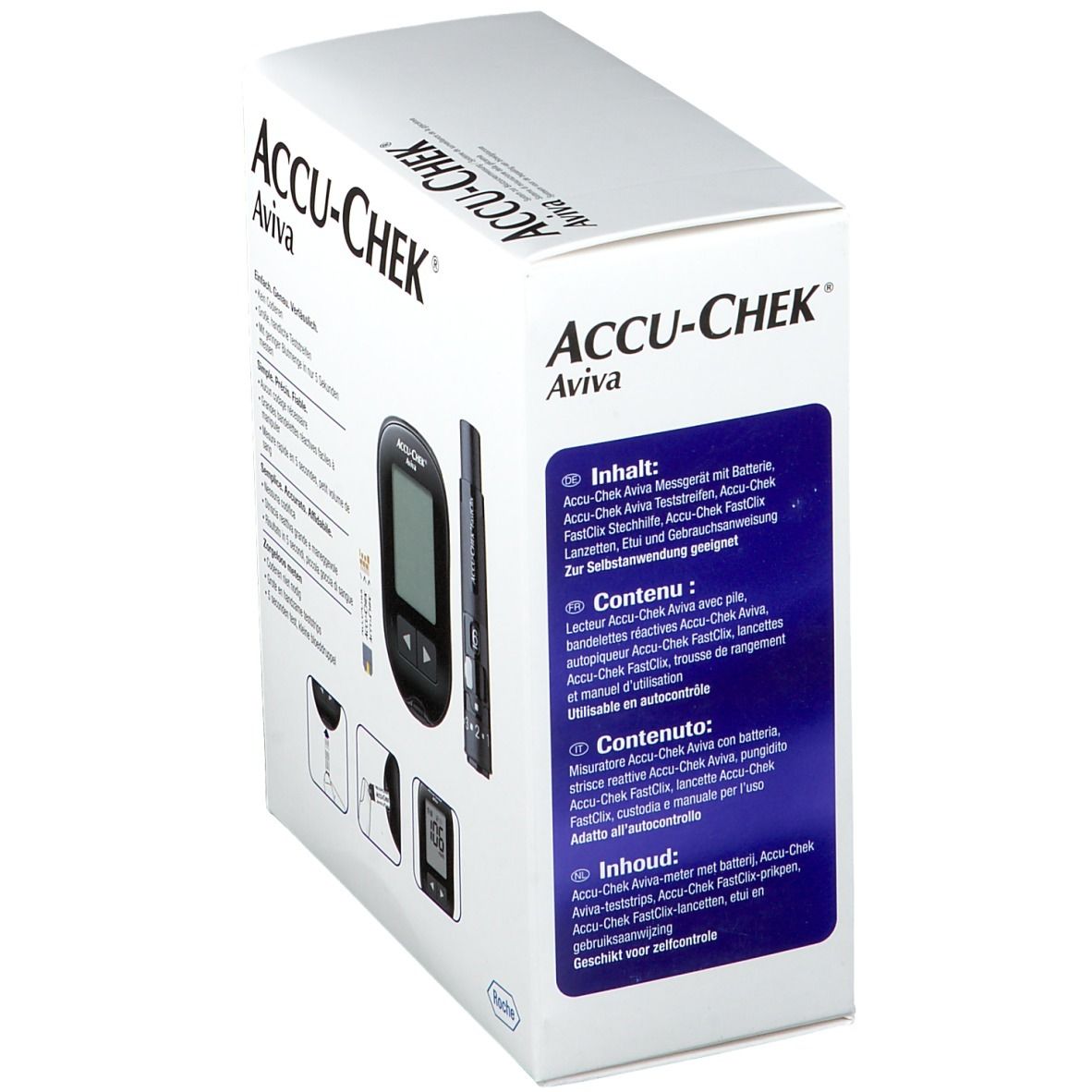 Boîte Accu-Chek Aviva. Contient lecteur, autopiqueur, bandelettes et pile. Contenu imprimé.