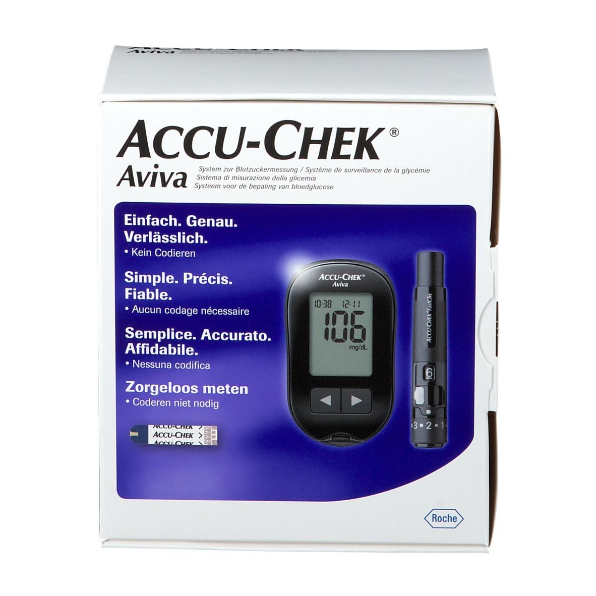 Boîte Accu-Chek Aviva. Contient lecteur et autopiqueur. Texte: Simple. Précis. Fiable. Affichage d'une valeur.