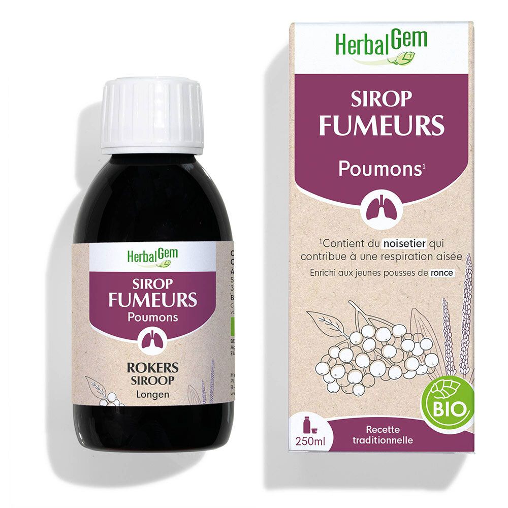 Fles en verpakking. Herbalgem Sirop Fumeurs Poumons staat op de verpakking.