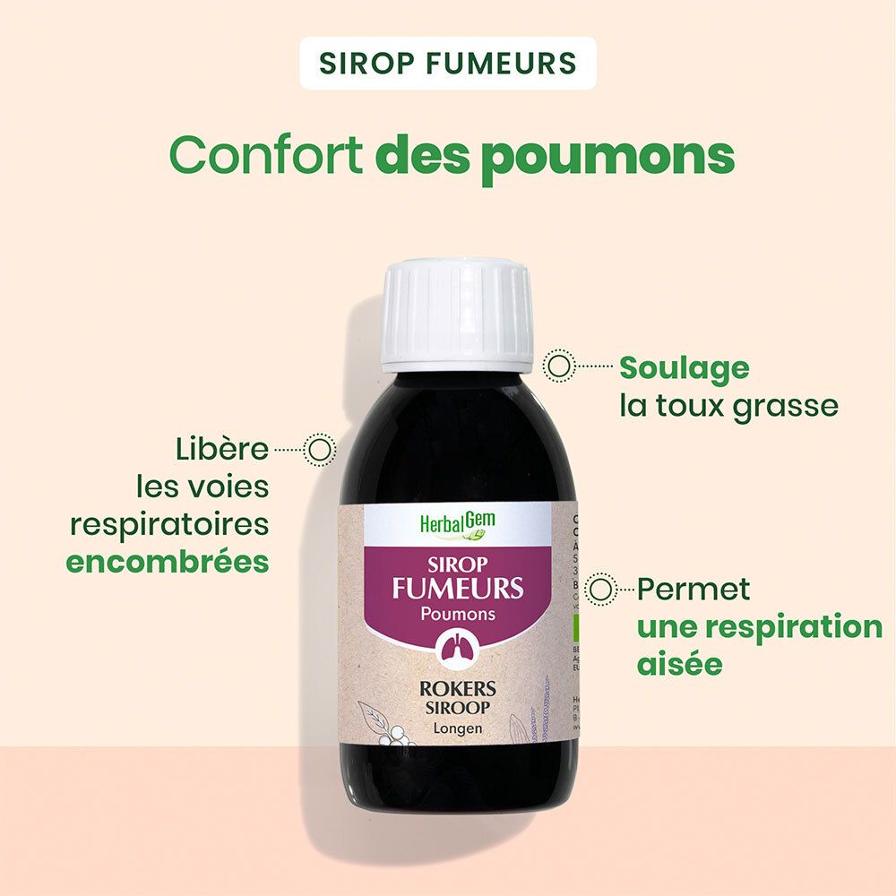 Vloeistof in een fles. Herbalgem Sirop Fumeurs Poumons staat op de fles.