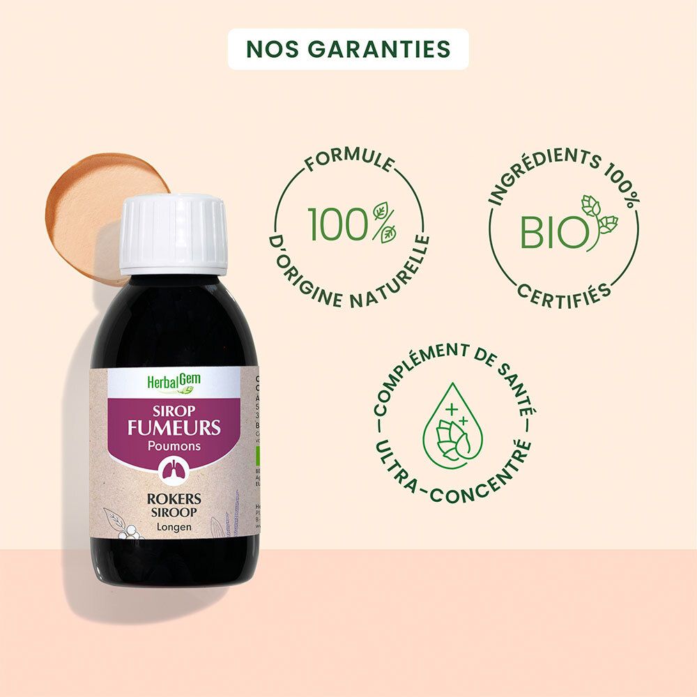 Fles met vloeistof. Herbalgem Sirop Fumeurs Poumons staat op de fles. Bio-certificering.