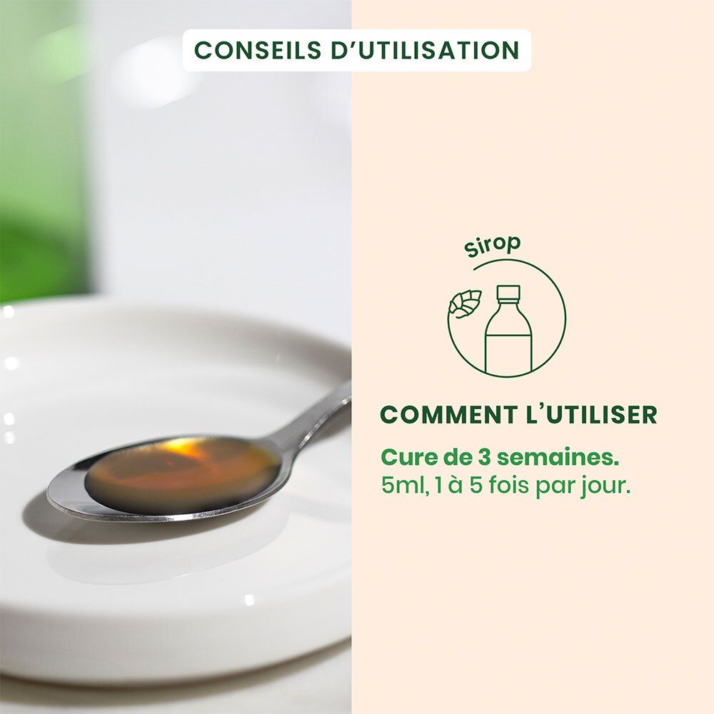 Lepel met vloeistof. Op het etiket staat: Cure de 3 semaines. 5ml, 1 à 5 fois par jour.
