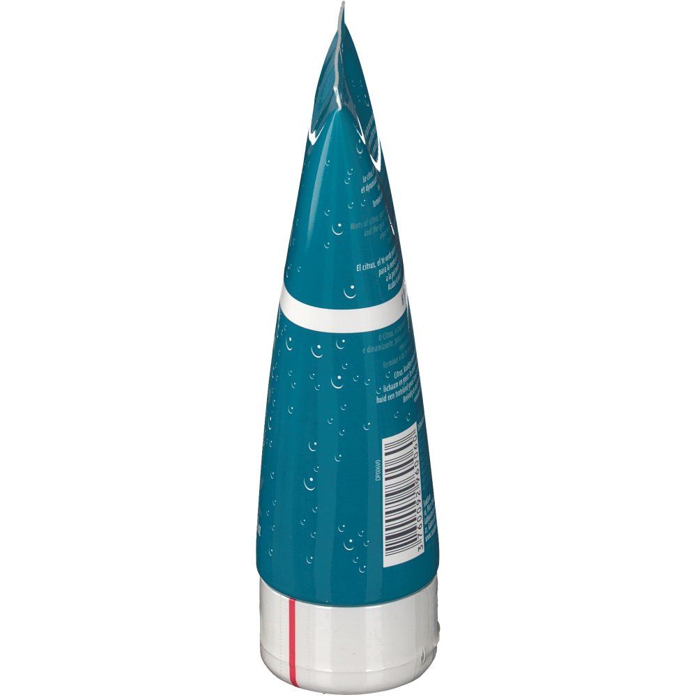 Zijaanzicht van de tube. Turquoise met witte strepen en druppeldesign. Witte dop.