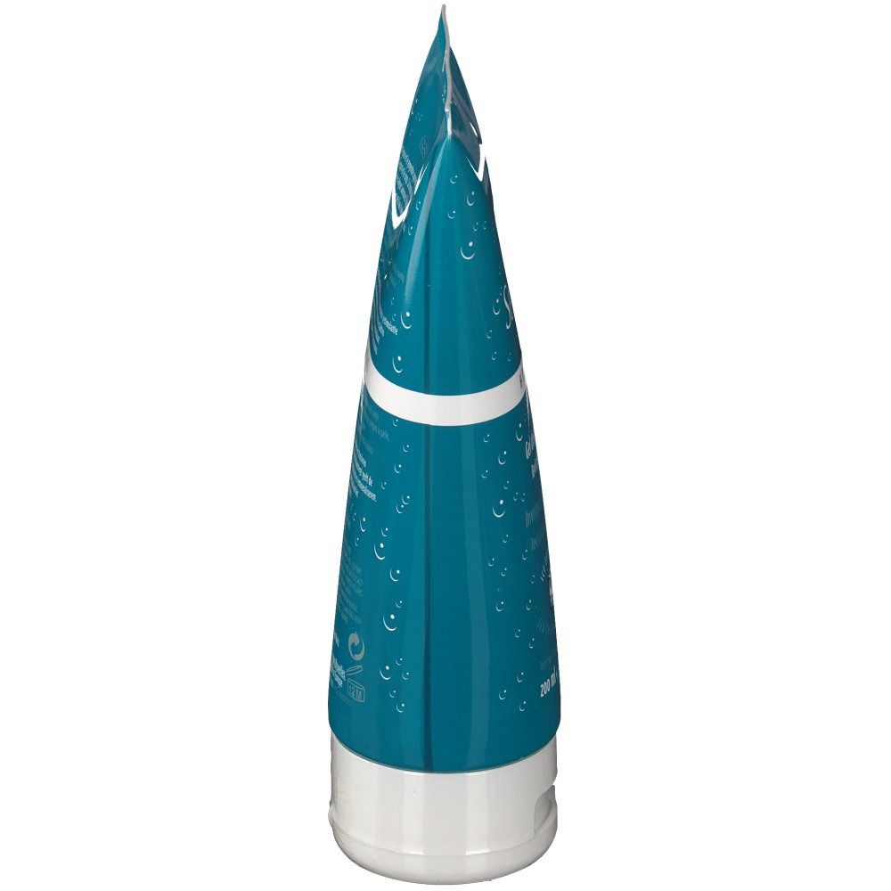 Zijaanzicht van de tube. Turquoise met tekst en druppeldesign. Witte dop. 200 ml.