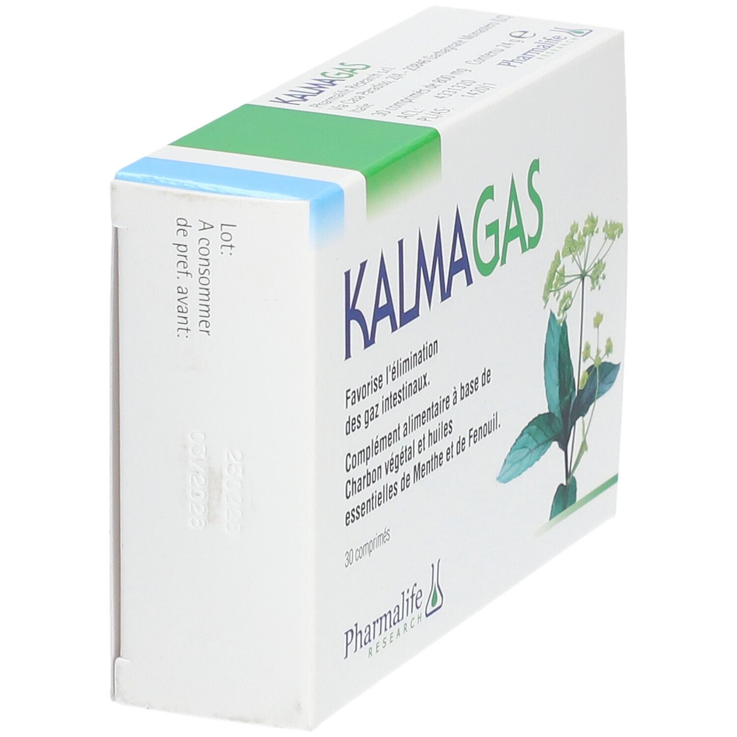 Zijkant van de "Kalmagas" doos. Wit met groene accenten. Productnaam en bloemenillustratie. Houdbaarheidsdatum.