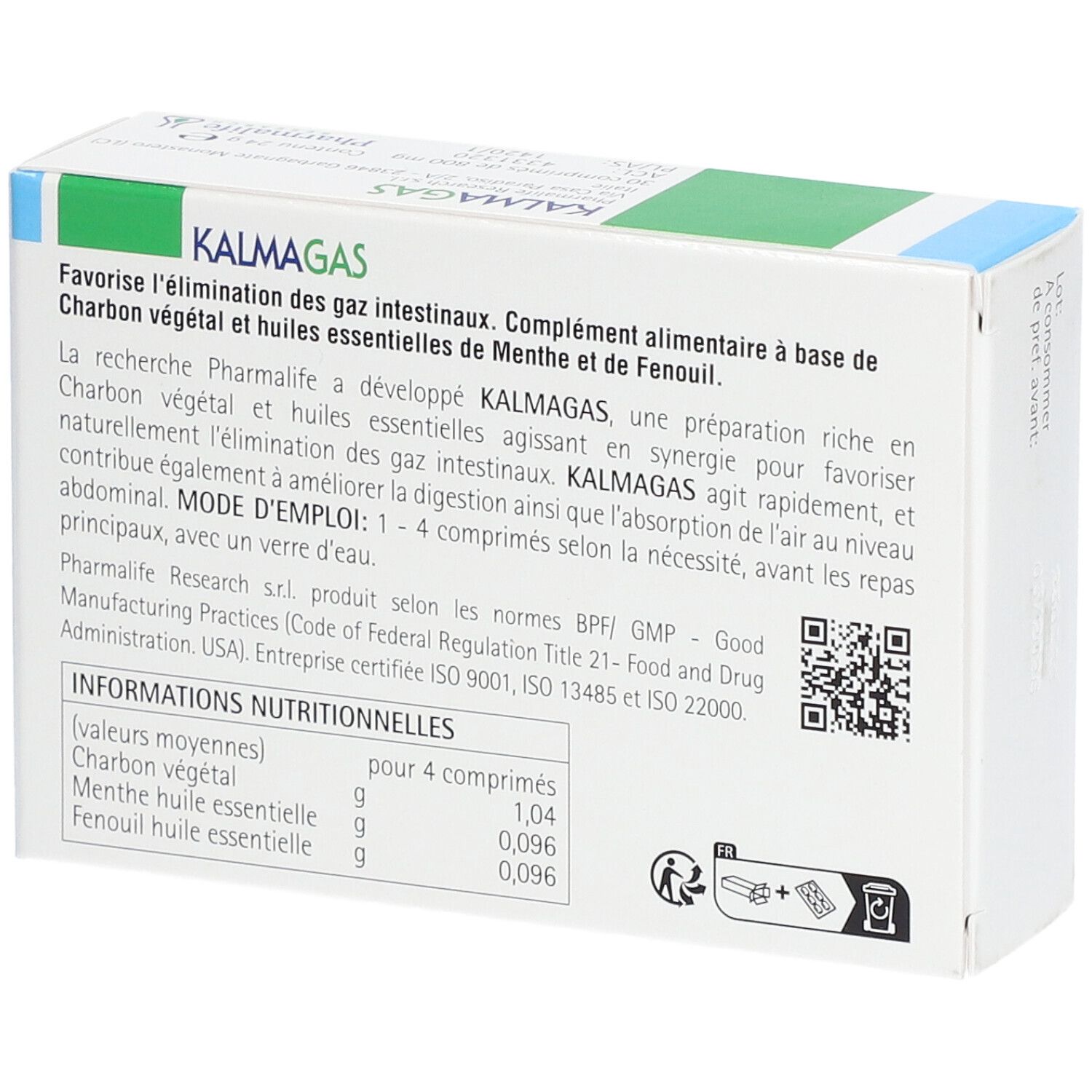 Achterkant van de "Kalmagas" doos. Franse tekst. Voedingswaarde-informatie. Fabrikantinformatie. QR-code.