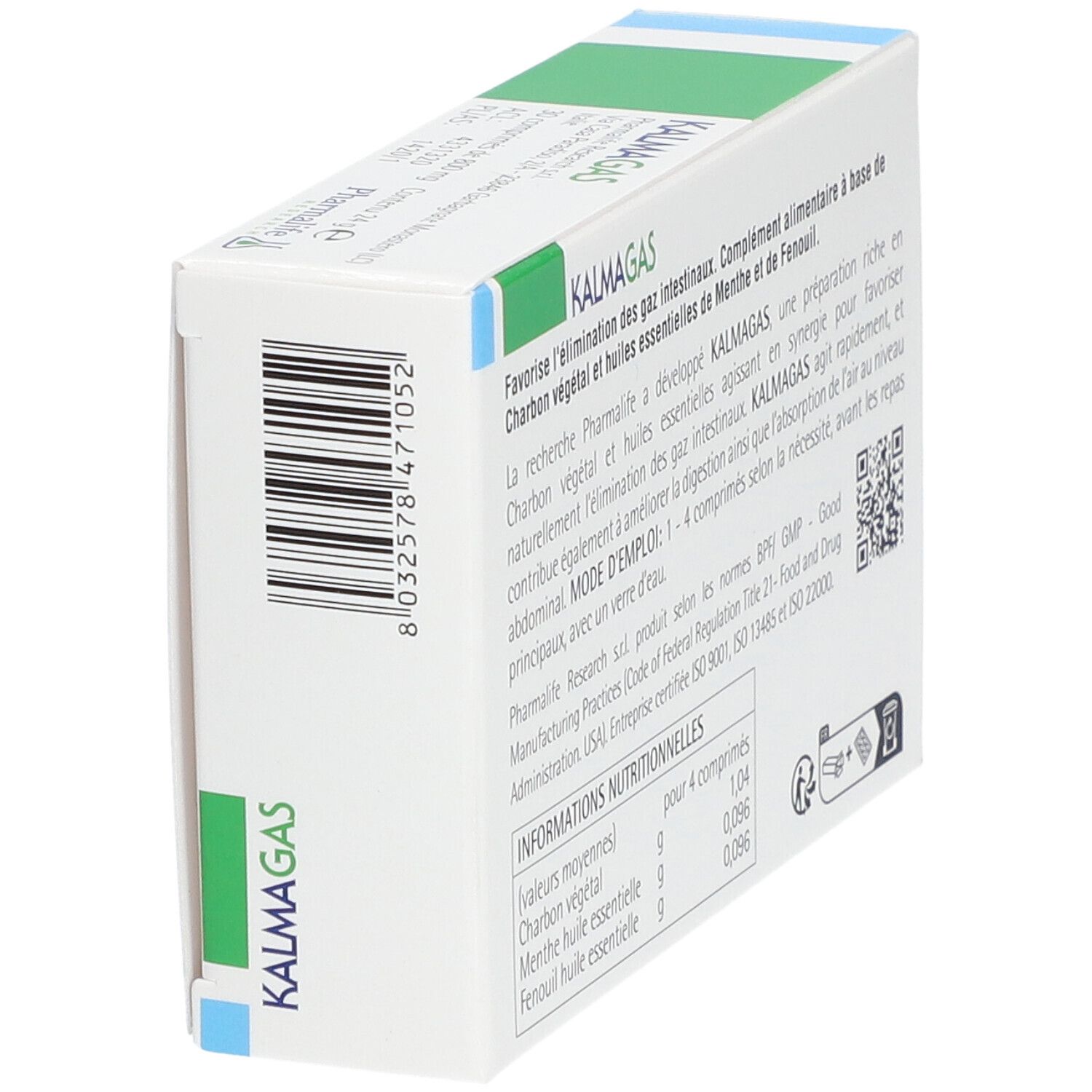 Zijkant van de "Kalmagas" doos. Franse tekst. Fabrikantinformatie. Barcode. Productnaam.