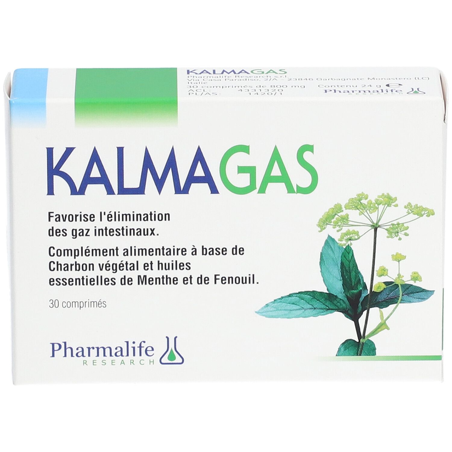Vooraanzicht van de "Kalmagas" doos. Wit met groen deksel. Productnaam en beschrijving. Bloemenillustratie.