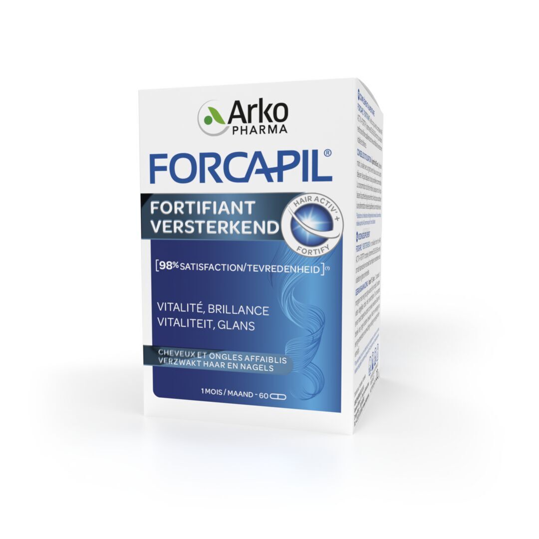 Boîte de Forcapil. Inscription: Fortifiant, 60 gélules. Contient 98% de satisfaction. Pour vitalité, brillance, cheveux et ongles.