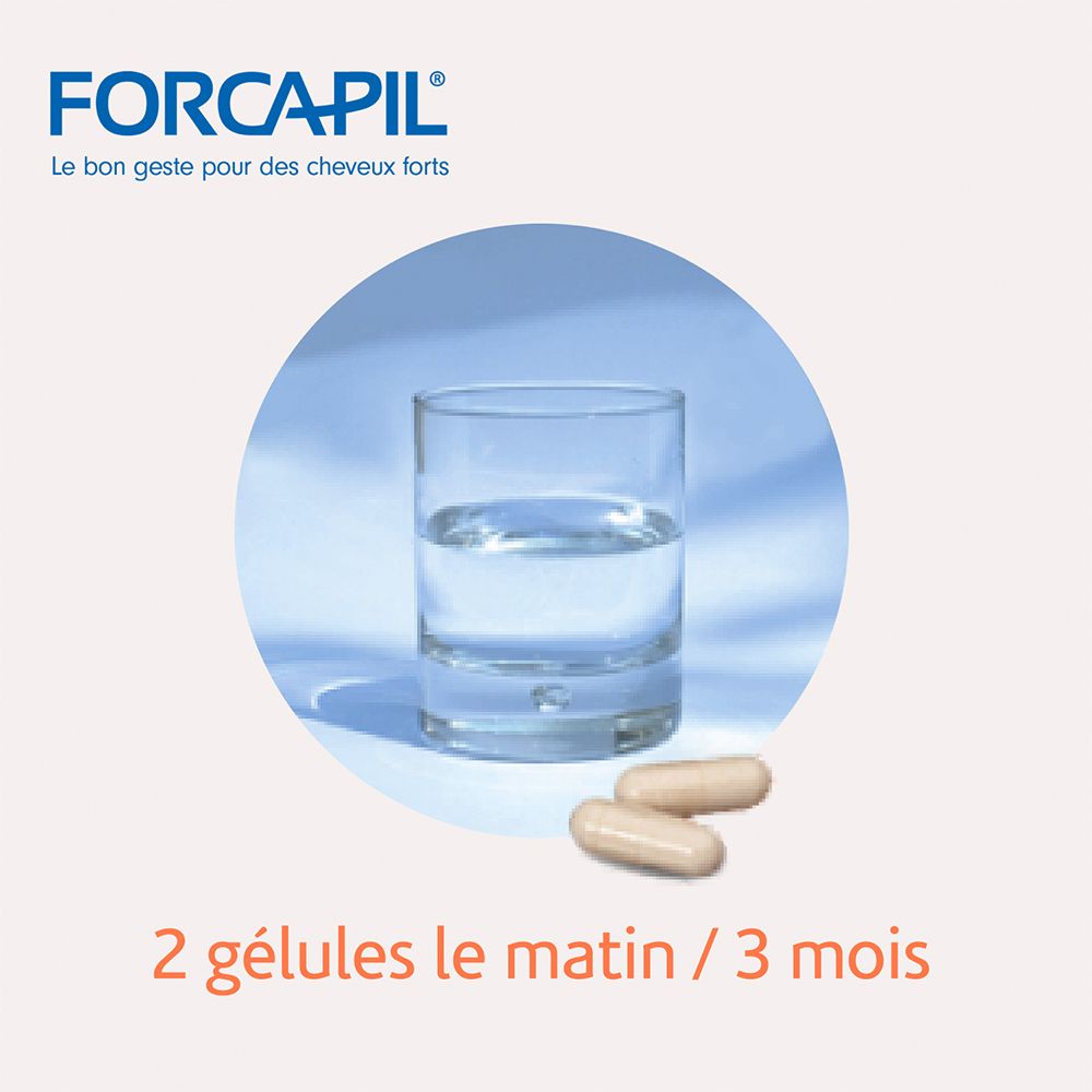 Deux gélules Forcapil à côté d'un verre d'eau. Inscription: 2 gélules le matin, 3 mois.