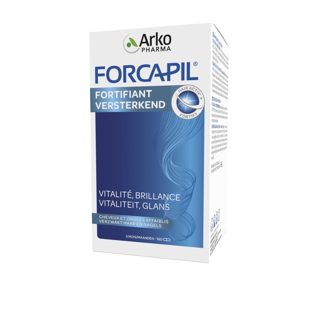 Blaue Produktverpackung. Aufschrift: FORCAPIL, FORTIFIANT, VERSTERKENDE. Enthält 180 Kapseln. Marke: Arkopharma.