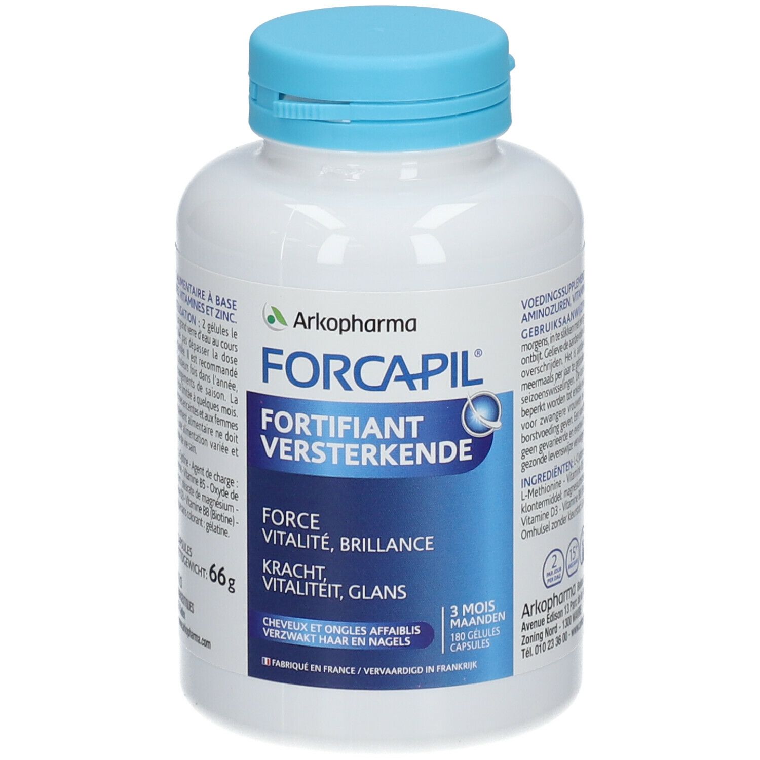 Weiße Flasche mit blauem Deckel. Aufschrift: FORCAPIL, FORTIFIANT, VERSTERKENDE. Enthält 180 Kapseln. Marke: Arkopharma.