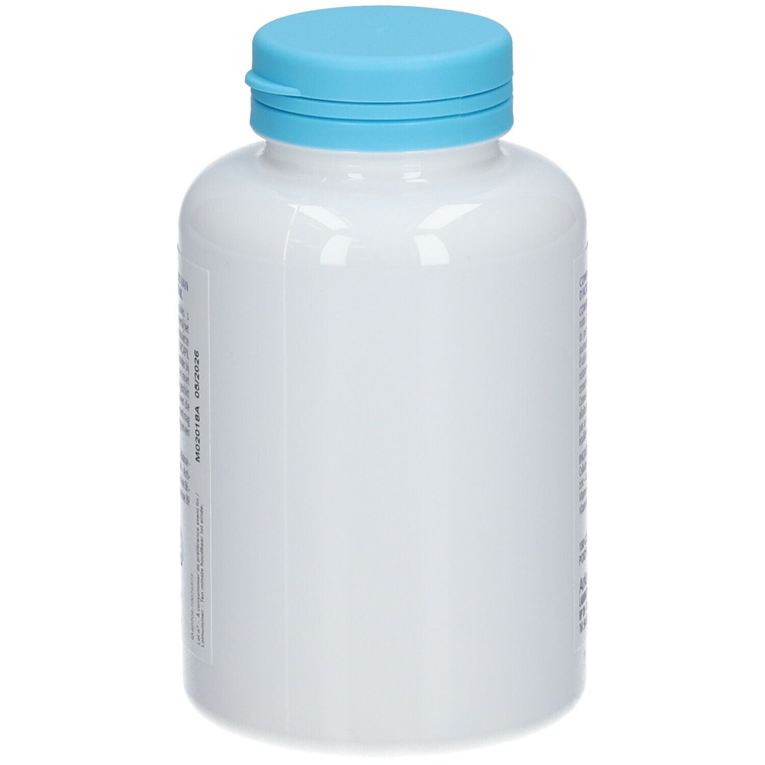 Weiße Flasche mit blauem Deckel. Keine Aufschriften sichtbar. Glatte Oberfläche.