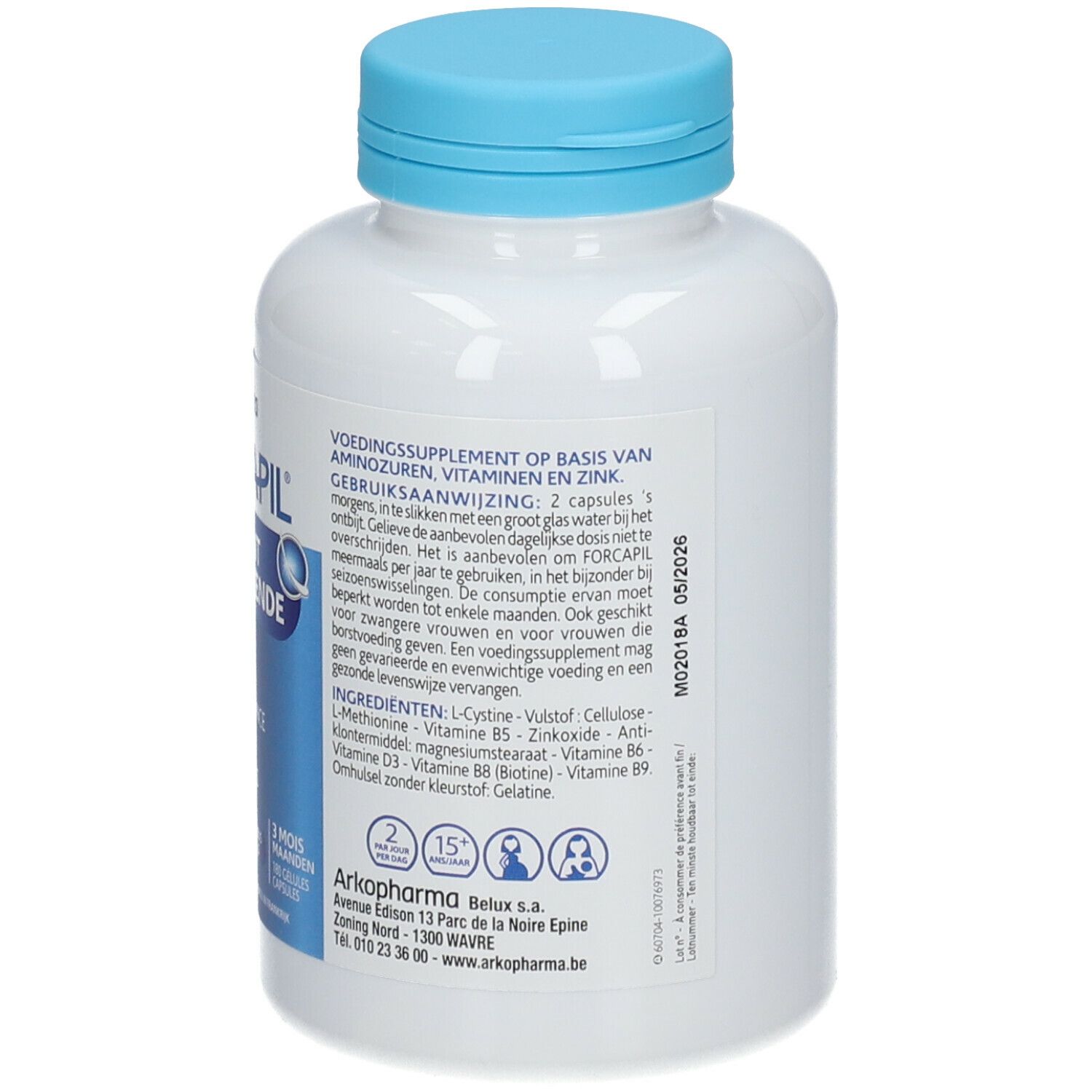 Rückseite einer weißen Flasche mit blauem Deckel. Aufgedruckte Informationen zu Inhaltsstoffen und Anwendung.
