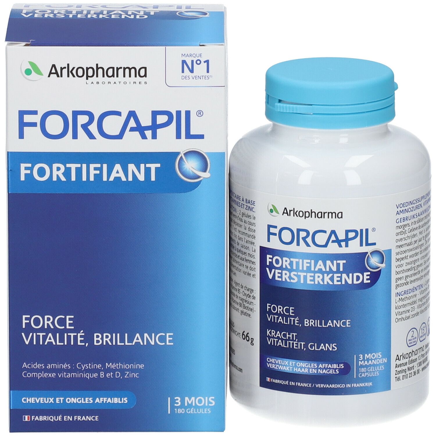 Produktverpackung und Flasche. Verpackung: blau, Aufschrift: FORCAPIL, FORTIFIANT, VERSTERKENDE. Flasche: weiß, blau. 180 Kapseln.