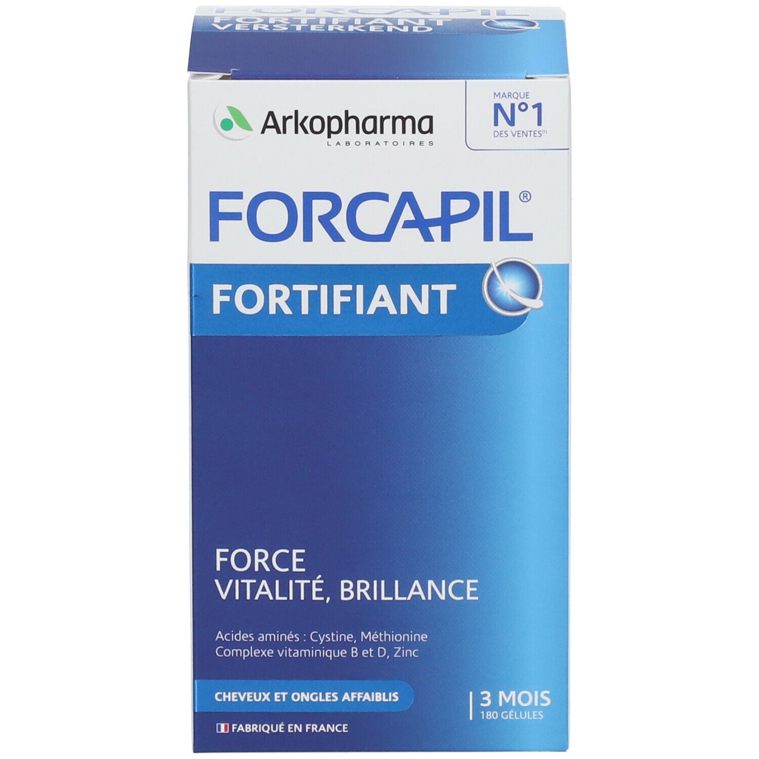 Blaue Produktverpackung. Aufschrift: FORCAPIL, FORTIFIANT, VERSTERKENDE. Enthält 180 Kapseln. Marke: Arkopharma.