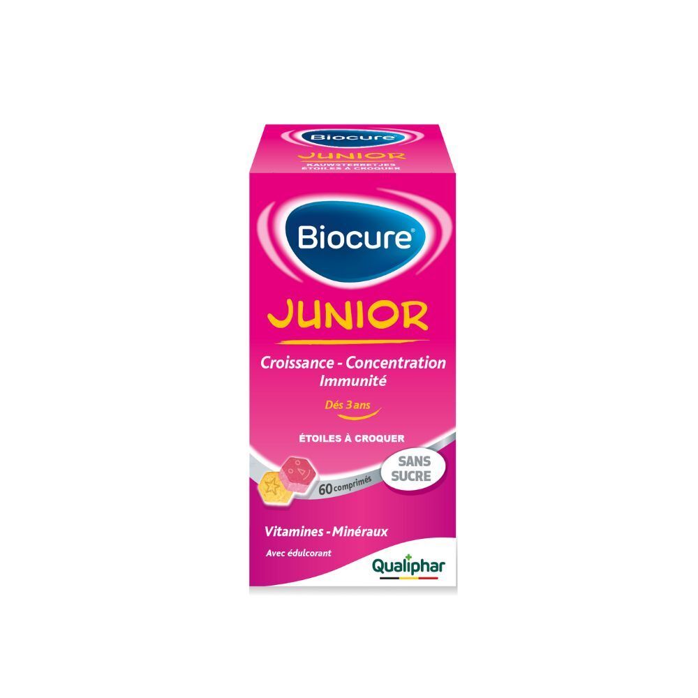 Emballage rose. Biocure Junior, 60 comprimés. Sans sucre. Logo Qualiphar.