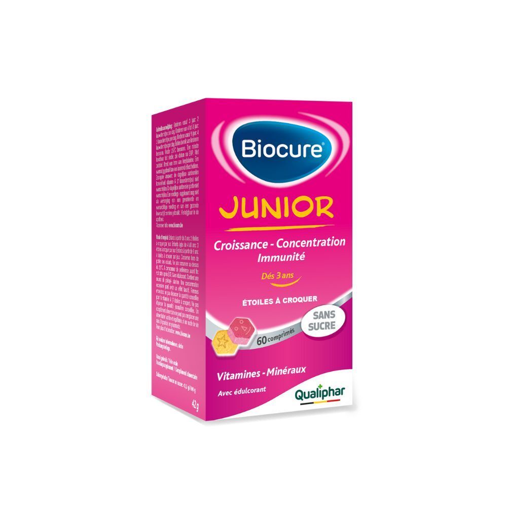 Emballage rose. Biocure Junior, 60 comprimés. Sans sucre. Logo Qualiphar.
