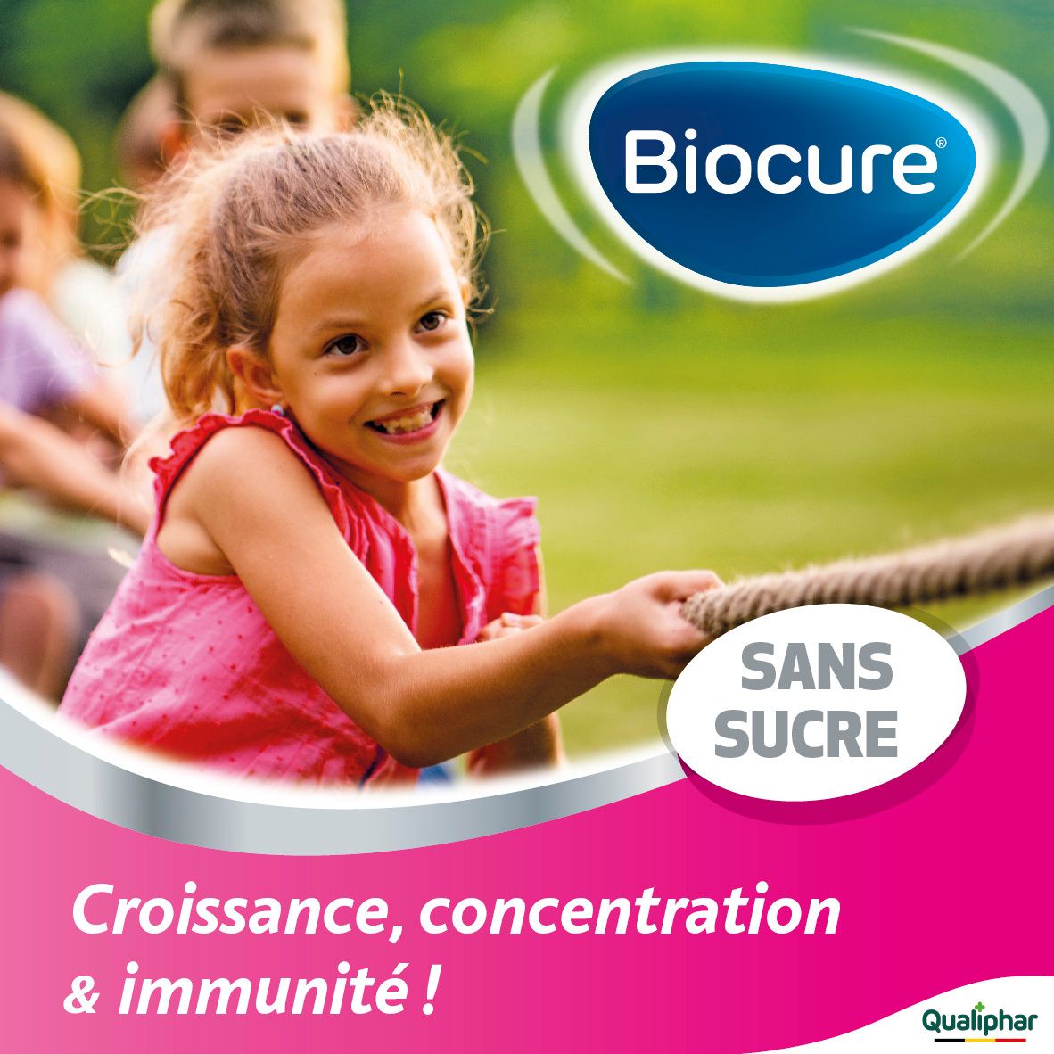 Enfant tirant une corde. Logo Biocure. Texte: Croissance, concentration & immunité!