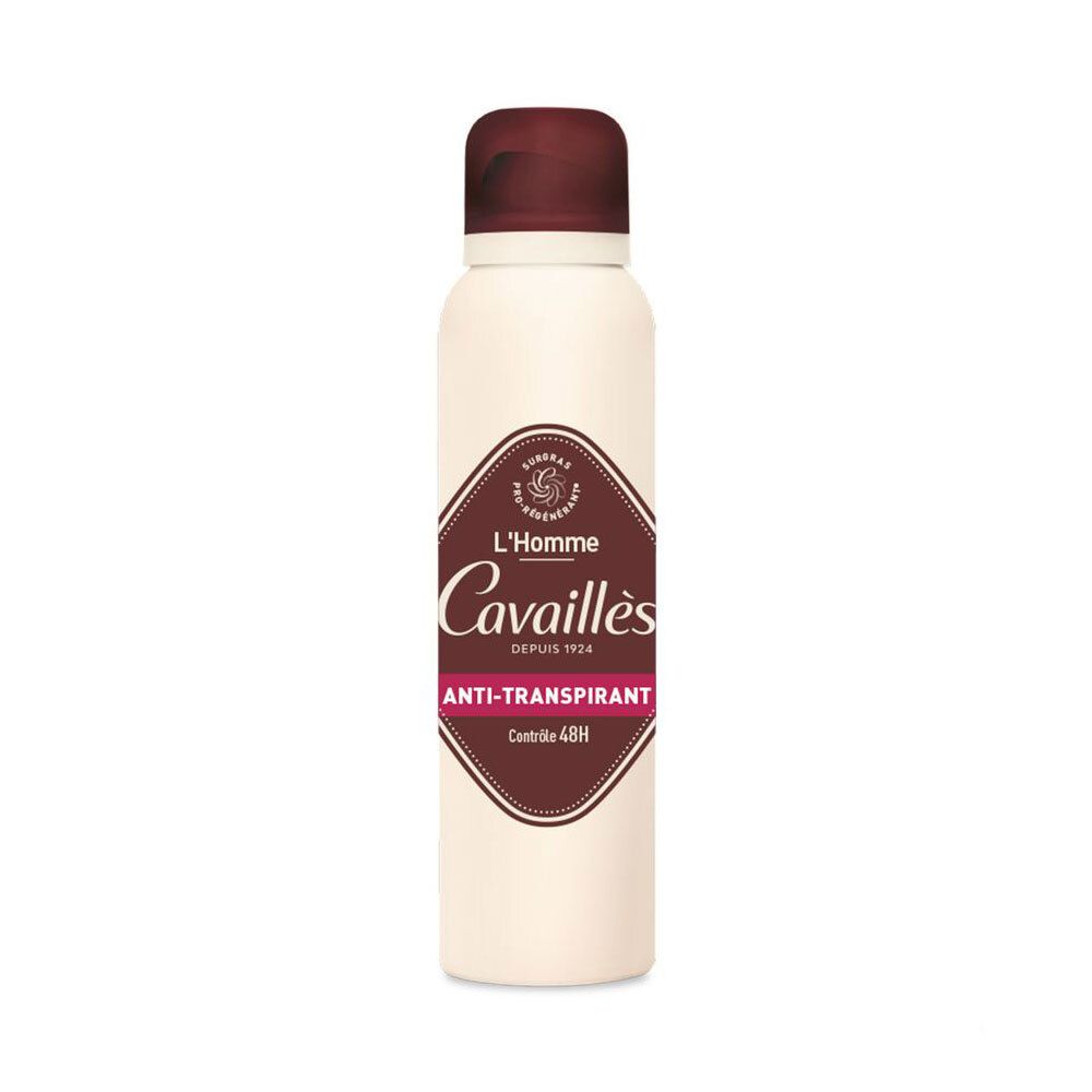 Déodorant spray blanc avec bouchon marron. Inscription : L'Homme Cavaillès, Anti-Transpirant, Contrôle 48H.