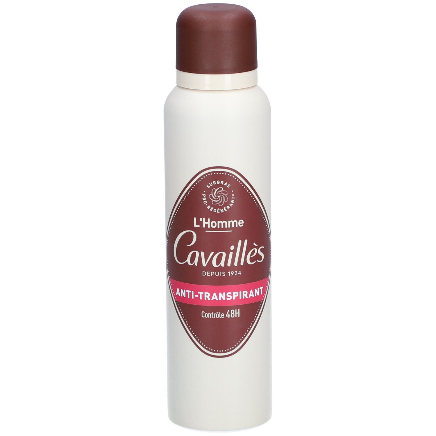 Déodorant spray blanc avec bouchon marron. Inscription : L'Homme Cavaillès, Anti-Transpirant, Contrôle 48H.