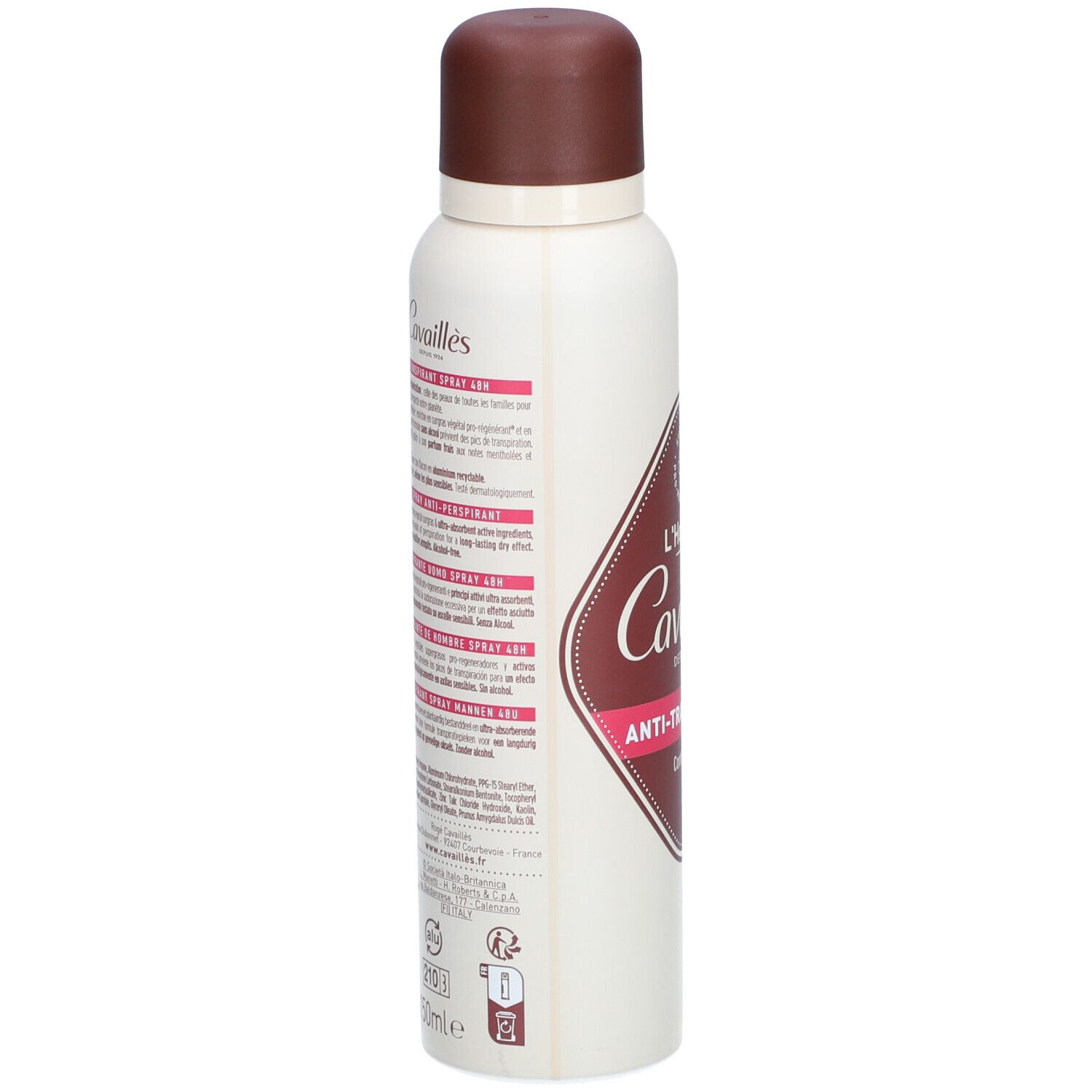 Côté du déodorant avec texte. Inscription : L'Homme Cavaillès, Anti-Transpirant. Informations sur l'utilisation.