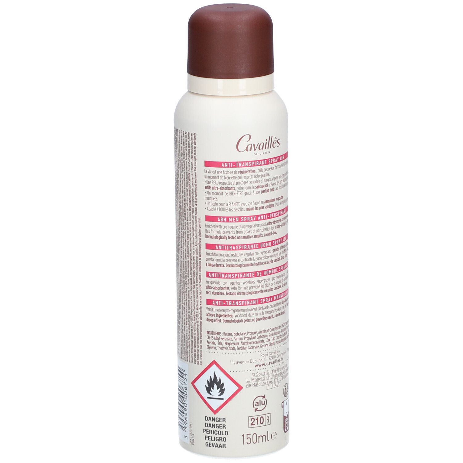 Dos du déodorant. Texte, avertissements et ingrédients. Volume : 150ml.