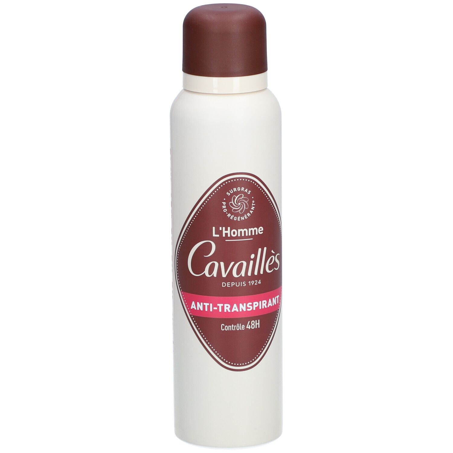Déodorant spray blanc avec bouchon marron. Inscription : L'Homme Cavaillès, Anti-Transpirant, Contrôle 48H.