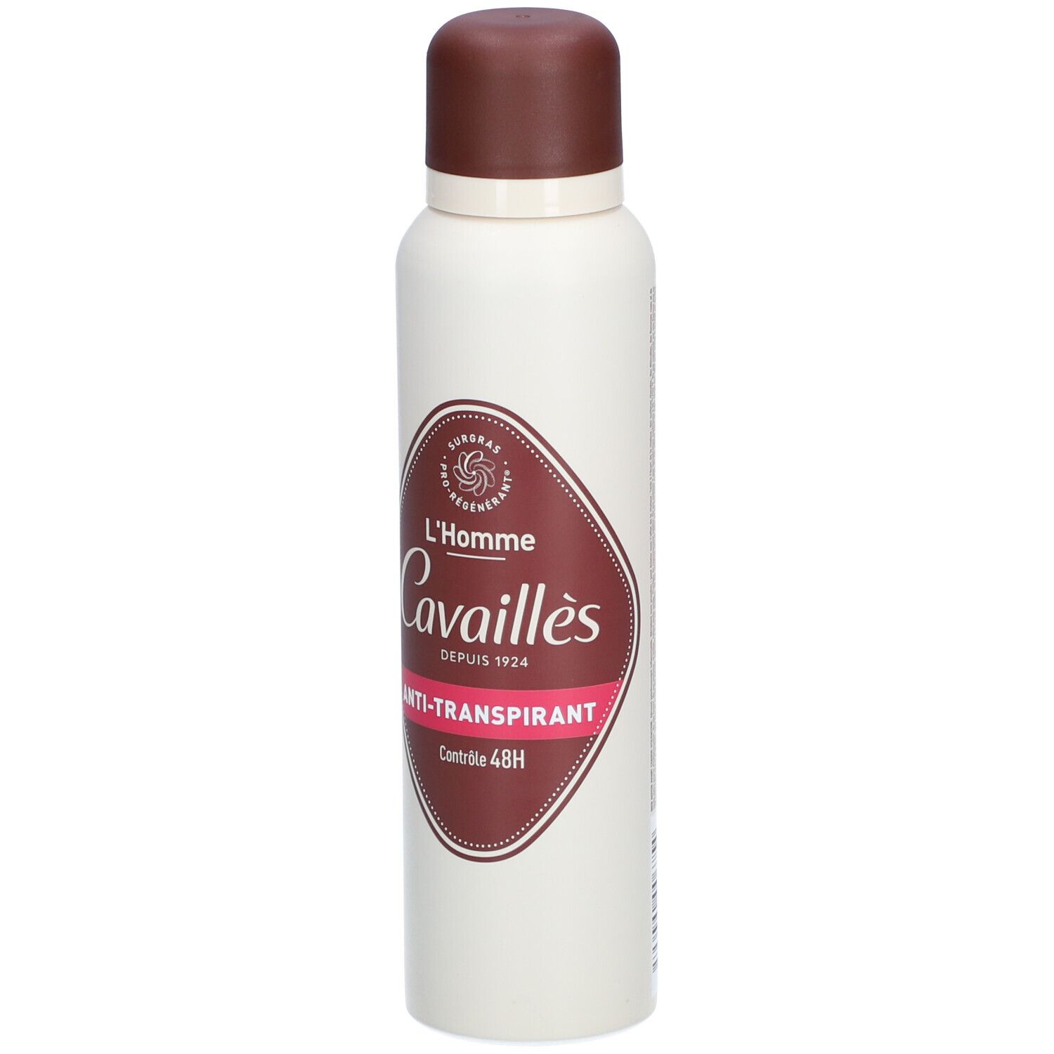 Déodorant spray blanc avec bouchon marron. Inscription : L'Homme Cavaillès, Anti-Transpirant, Contrôle 48H.