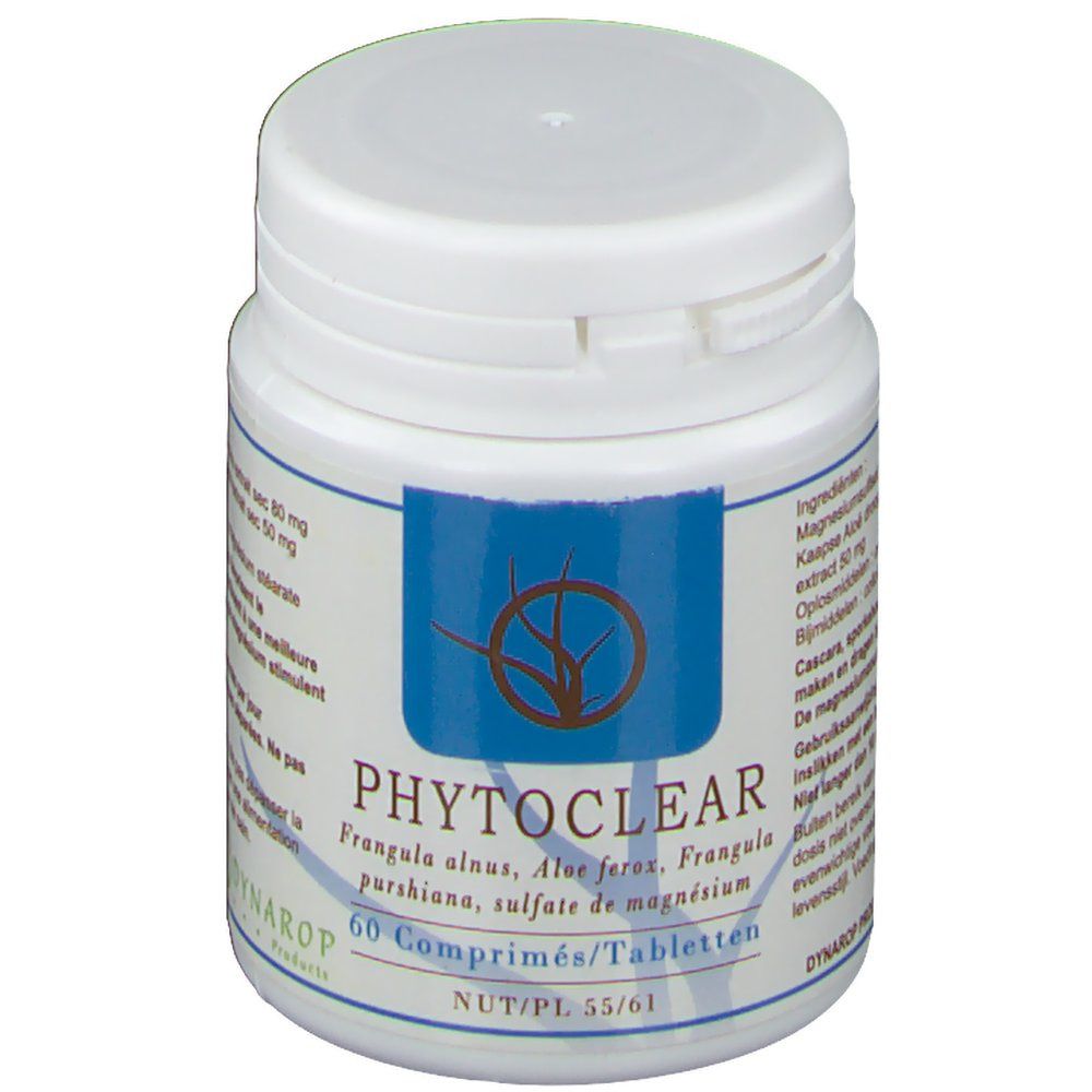 Flacon blanc de comprimés avec étiquette bleue. Inscription: PHYTO-CLEAR, 60 comprimés. Logo: arbre avec racines.