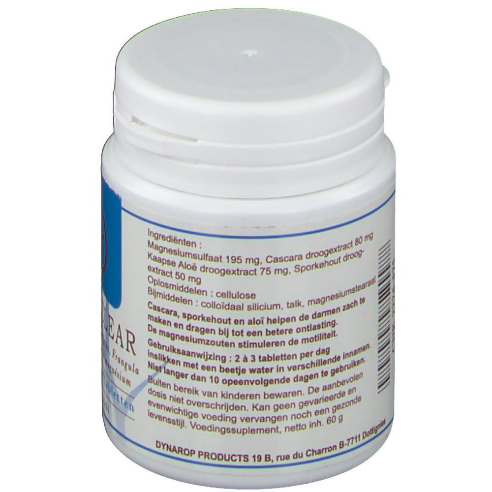 Flacon blanc de comprimés, dos avec ingrédients et mode d'emploi. Inscription: 60 g. Dynarop Products.