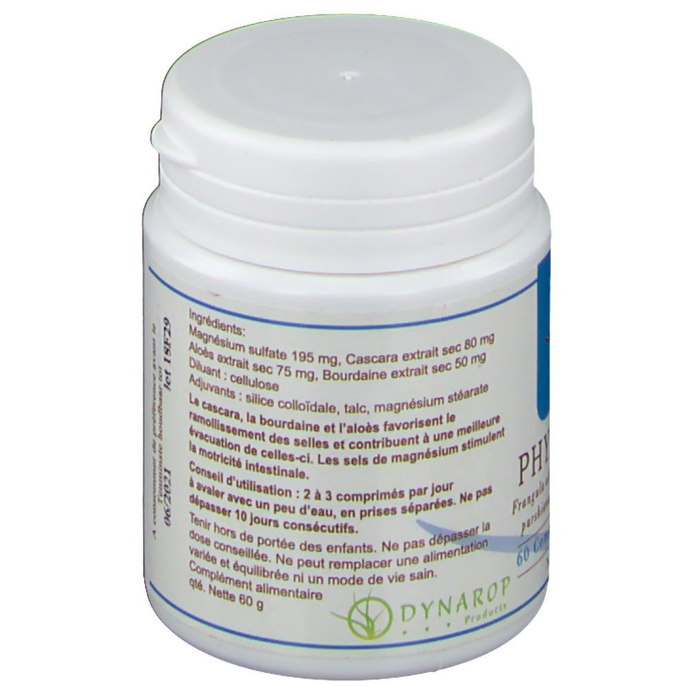 Flacon blanc de comprimés, dos avec ingrédients et mode d'emploi. Inscription: 60 g. Dynarop Products.