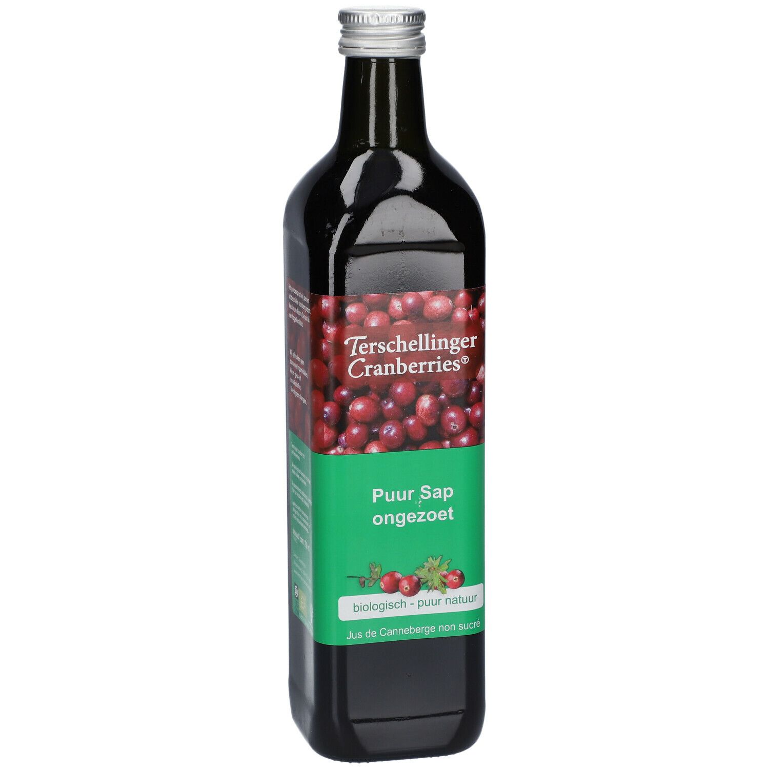 Bouteille de jus de canneberge. Inscription: Terschellinger Cranberries, Pur jus, non sucré. Étiquette verte avec image de canneberges.