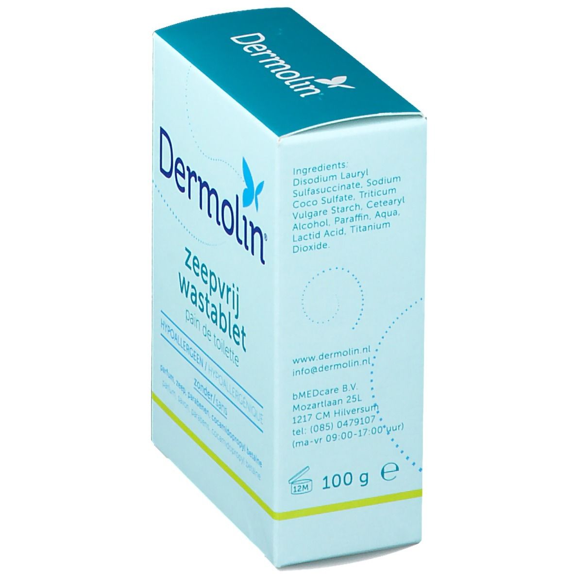 Achterkant van de Dermolin Waschtablette verpakking. Ingrediënten en fabrikant informatie. Gewicht: 100 g.