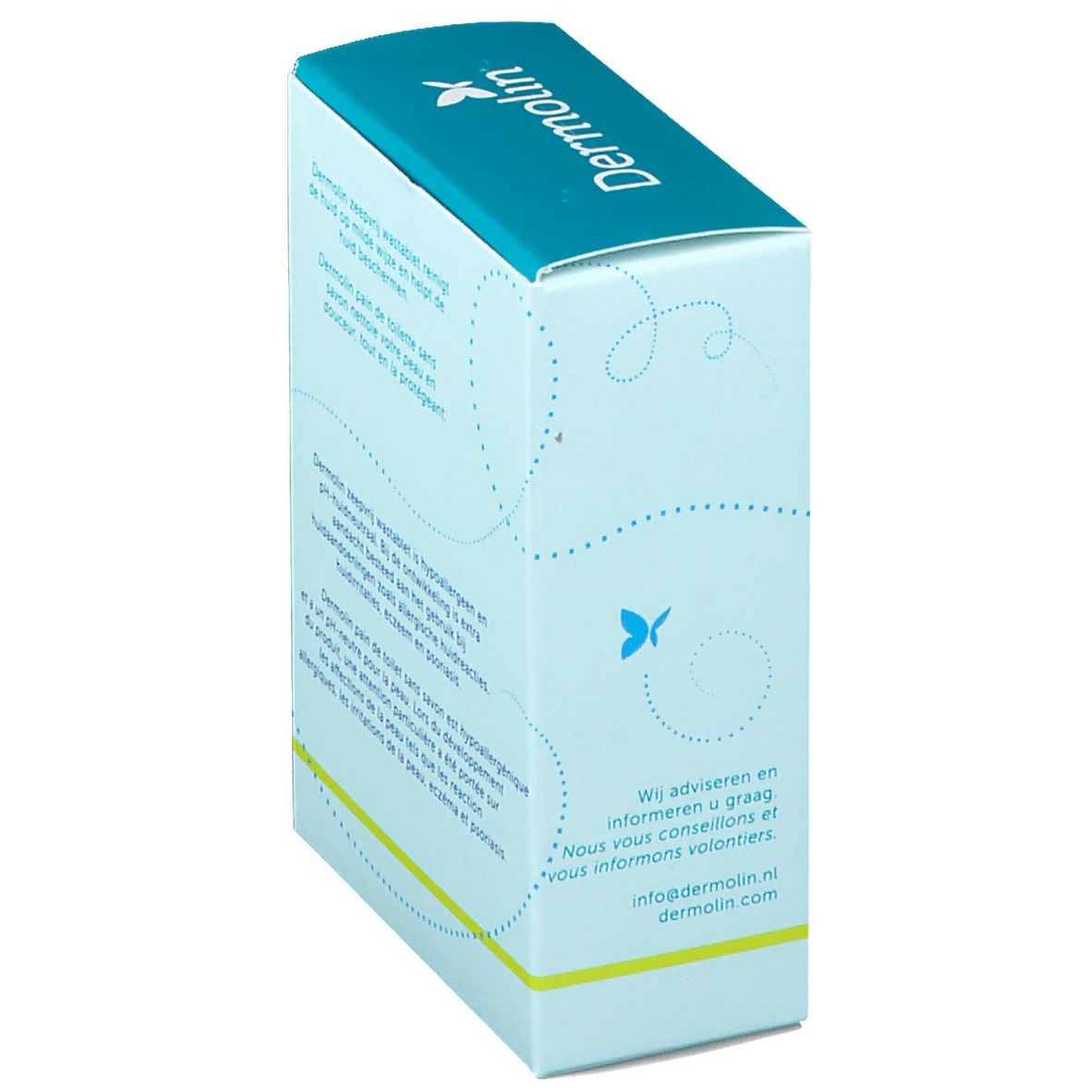 Zijkant van de Dermolin Waschtablette verpakking. Productinformatie en contactgegevens.