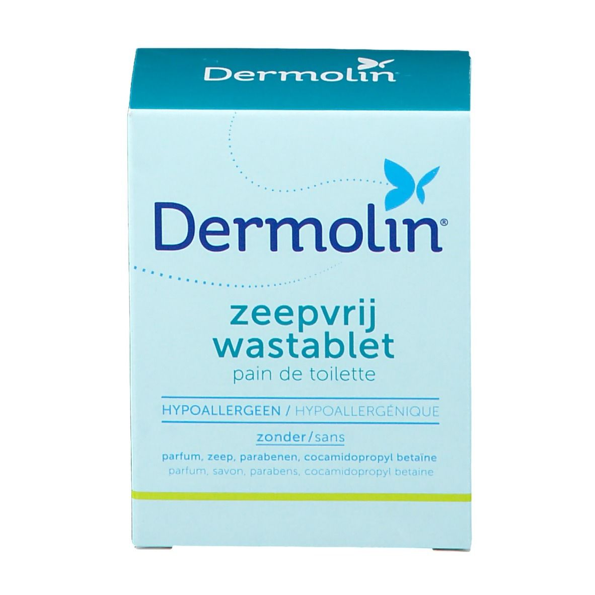 Voorkant van de Dermolin Waschtablette verpakking. Productnaam en logo. Tekst: "zeepvrij wastablet pain de toilette".