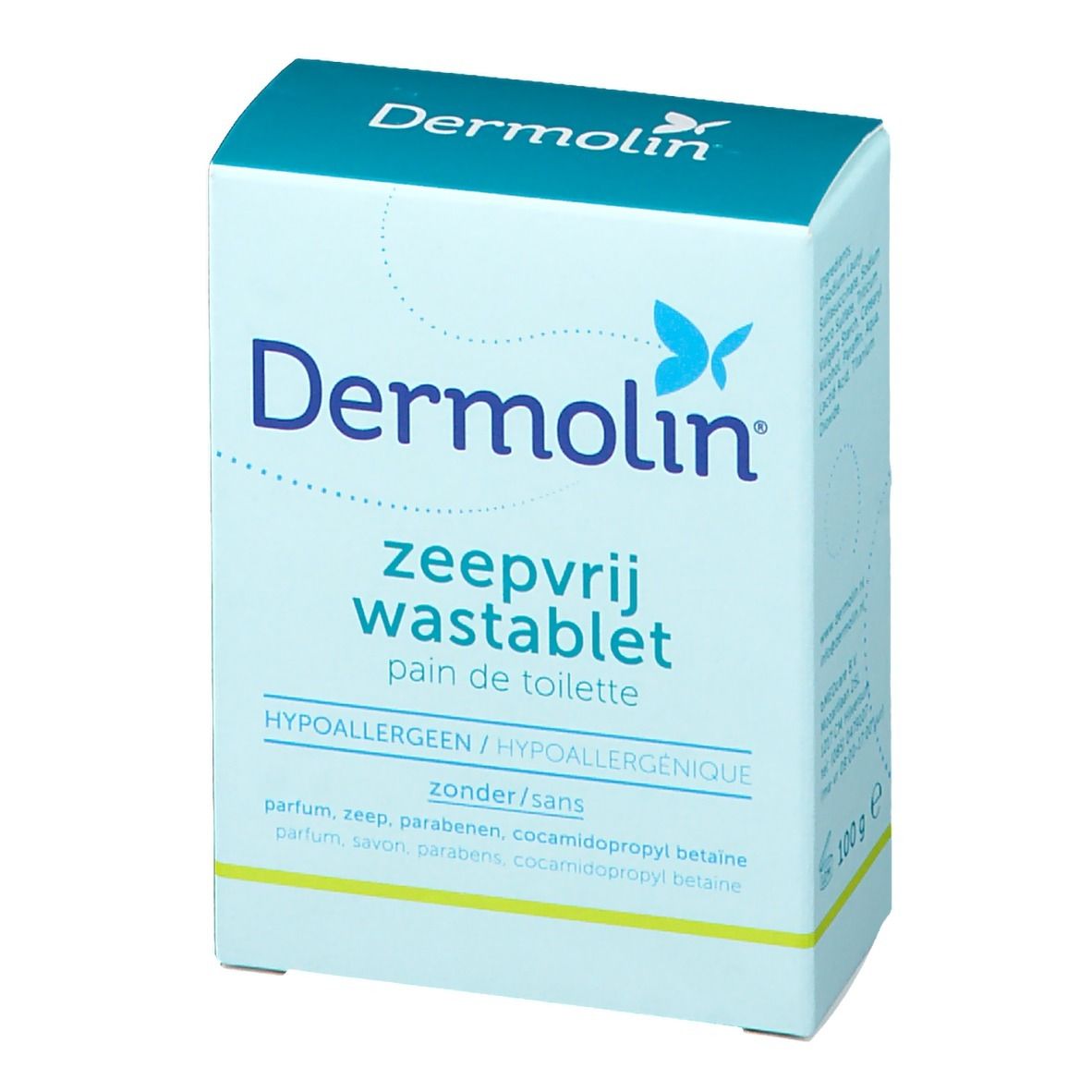 Voorkant van de Dermolin Waschtablette verpakking. Productnaam en logo. Tekst: "zeepvrij wastablet pain de toilette".